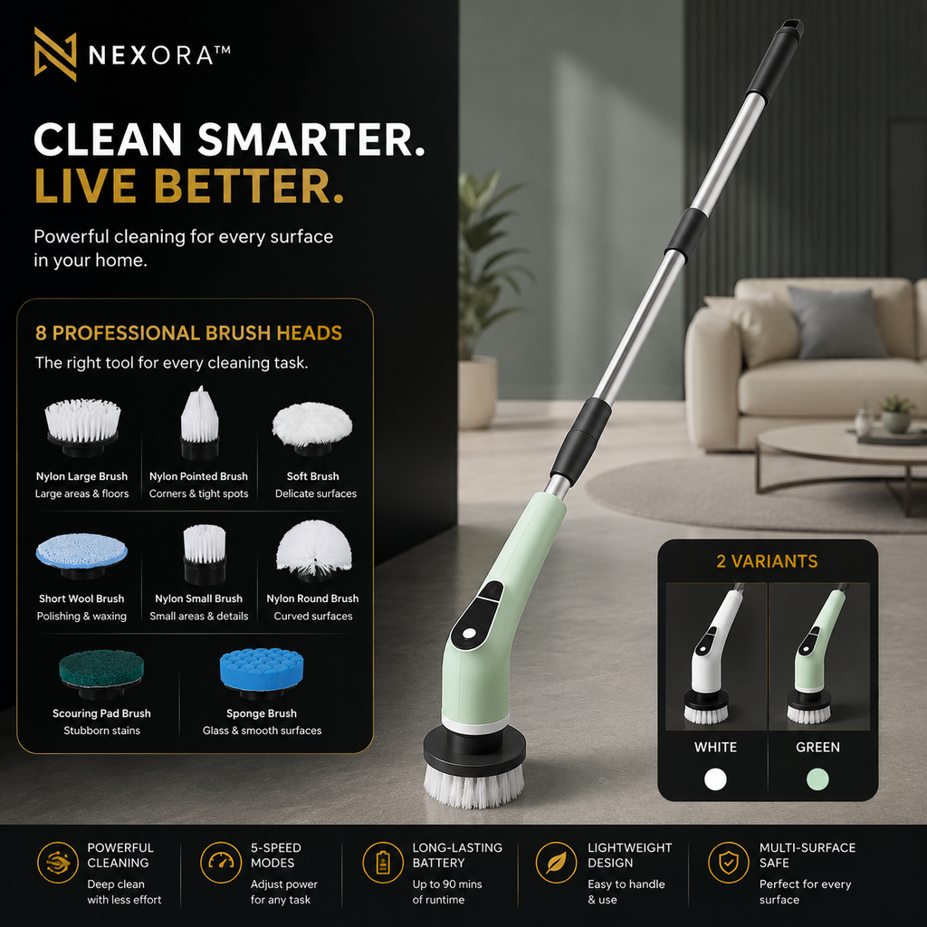 Nexora™ Smart Spin Scrubber – 8 Professional Cleaning Heads
