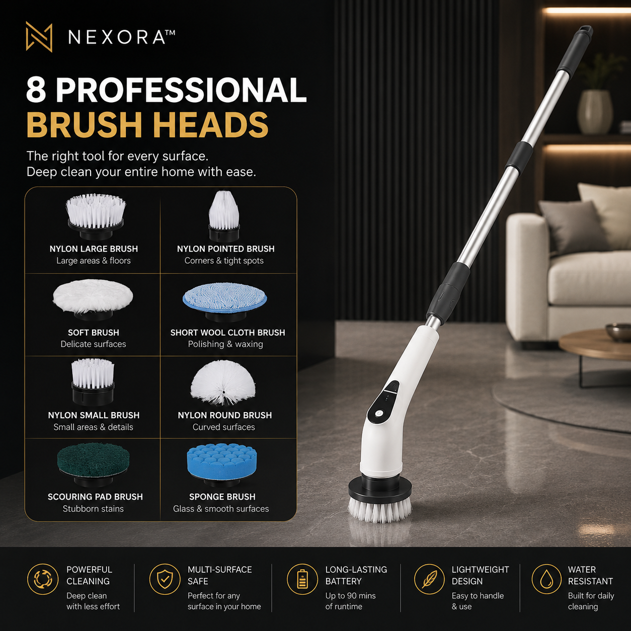Nexora™ Smart Spin Scrubber – 8 Professional Cleaning Heads